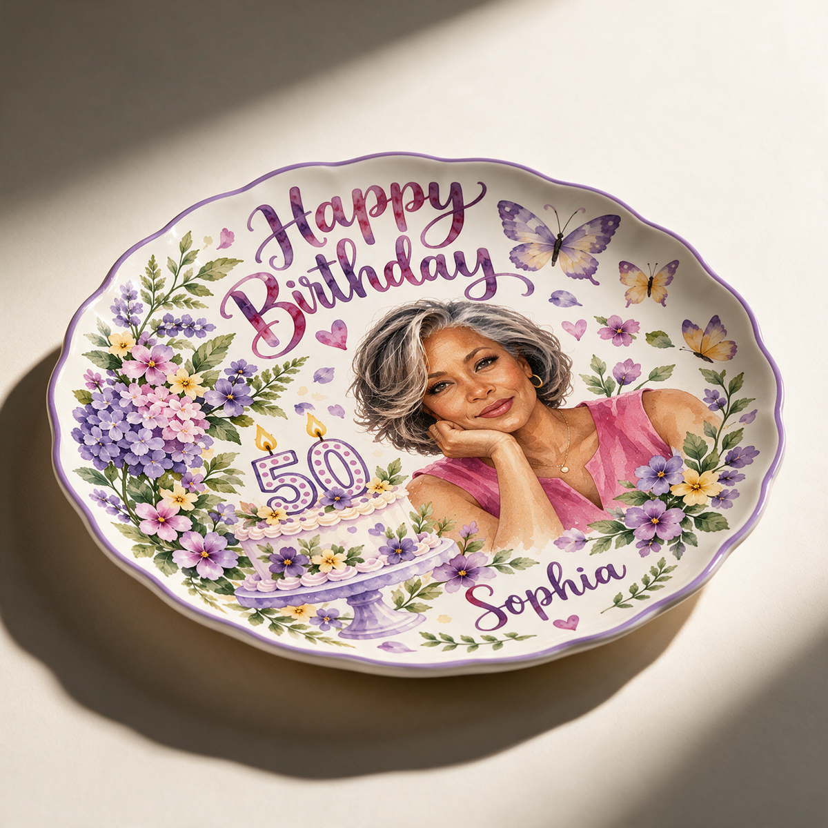 Personalized Birthday Ceramic Round Plate - Scalloped Purple Floral Portrait, Custom Name and Age