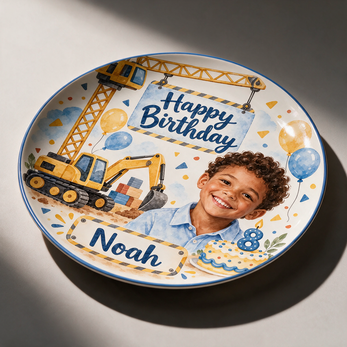 Personalized Construction Ceramic Plate - Birthday Watercolor Portrait, Custom Name and Age