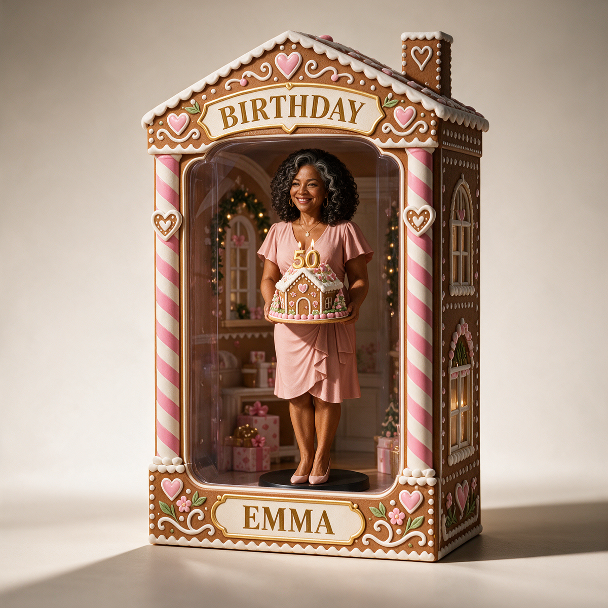 Personalized Custom Photo Gingerbread House Figurine in Acrylic Display Box - 50th Birthday Gift for Women