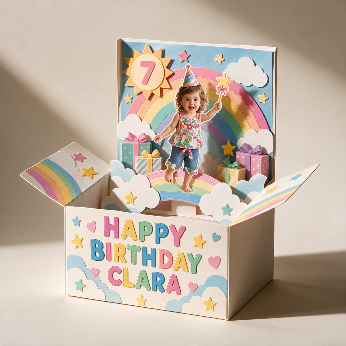 Personalized Birthday Rainbow Pop-Up Box Card with Custom Photo, Name and Age