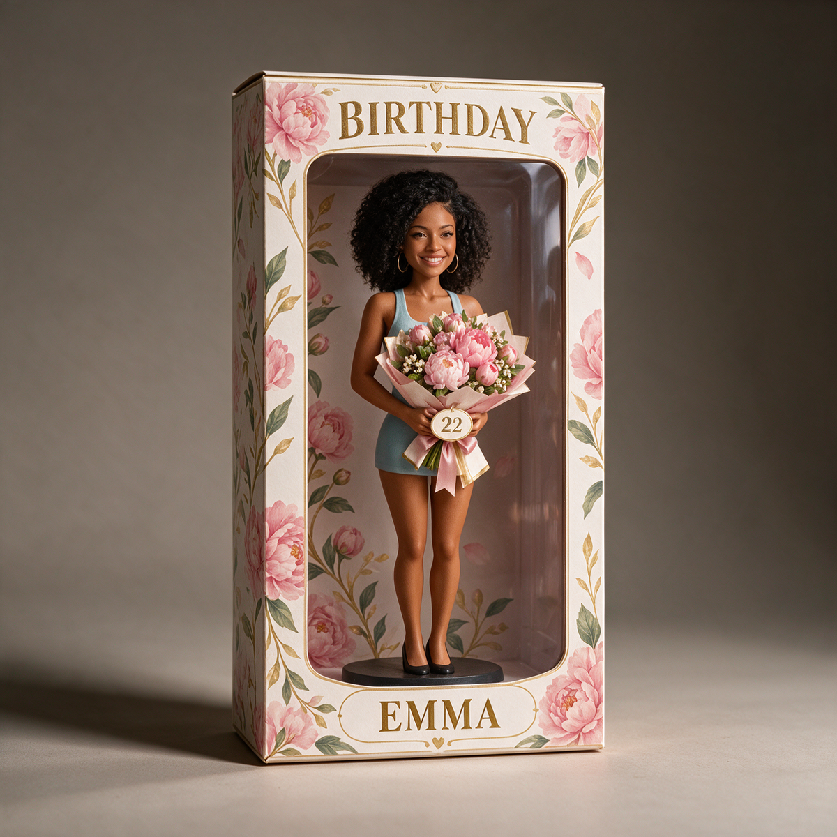 Personalized Birthday Display Box - Portrait Figurine, Bee Cake, Name and Age