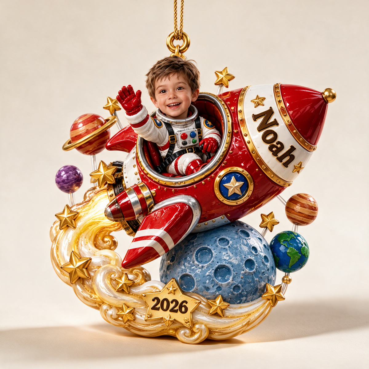Personalized Custom Photo Rocket 3D Ornament - 2026 Christmas Gift for Boys