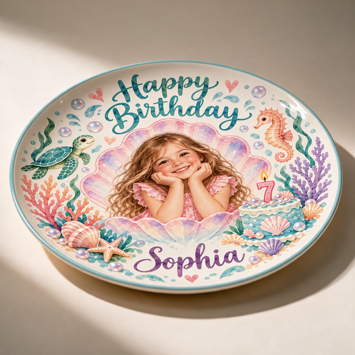 Personalized Birthday Ceramic Round Plate - Ocean Watercolor Portrait Gift