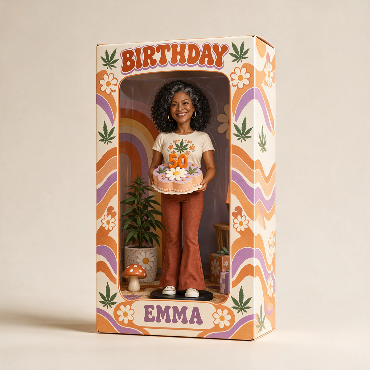 Personalized Hippie Acrylic Display Box - Retro Daisy Birthday Figurine Gift
