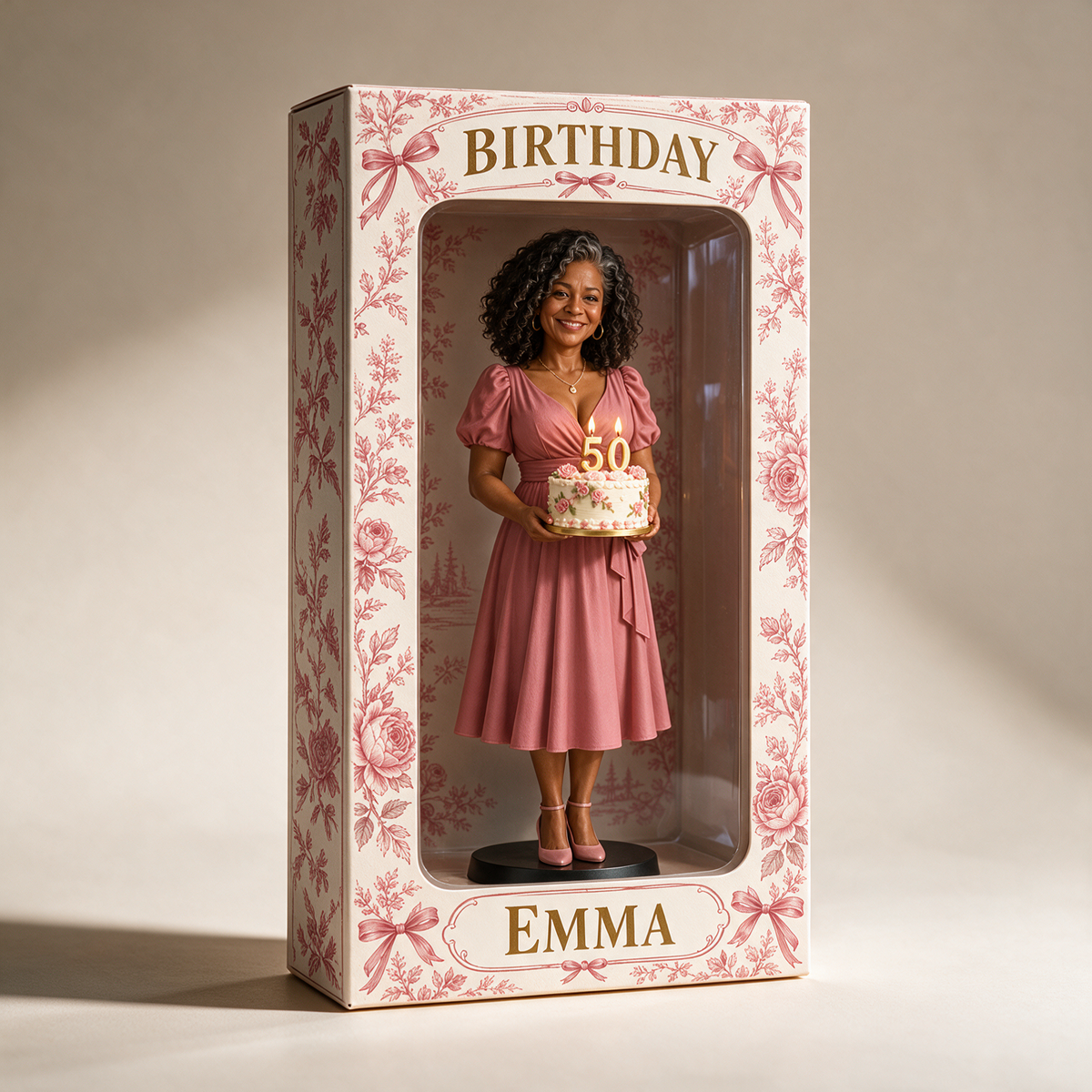Personalisierte Fotofigurinen-Displaybox in Pink - 50. Geburtstagsgeschenk für Frauen