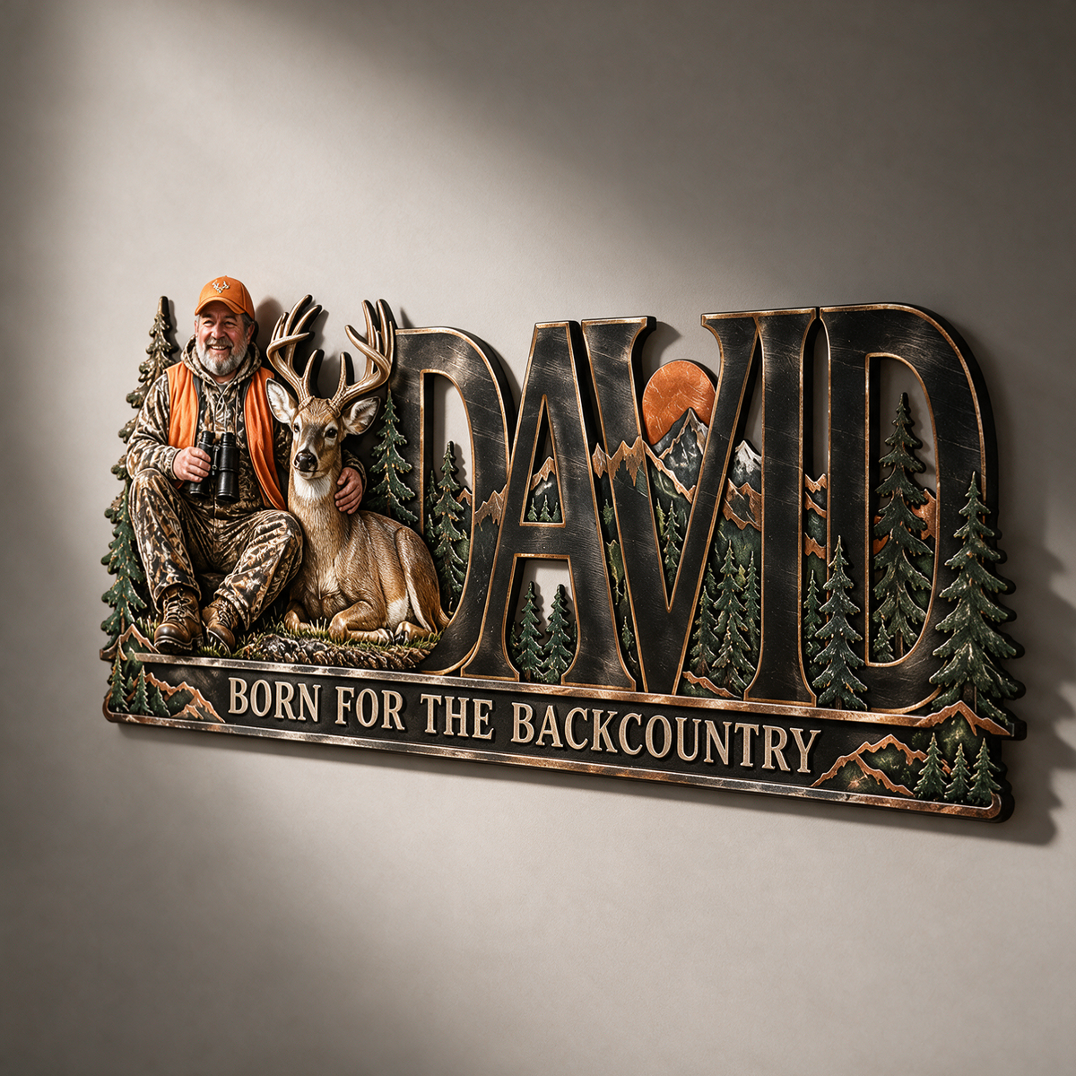 Personalized Hunting Metal Sign - Custom Photo and Name Wall Art with Forest and Mountain Design