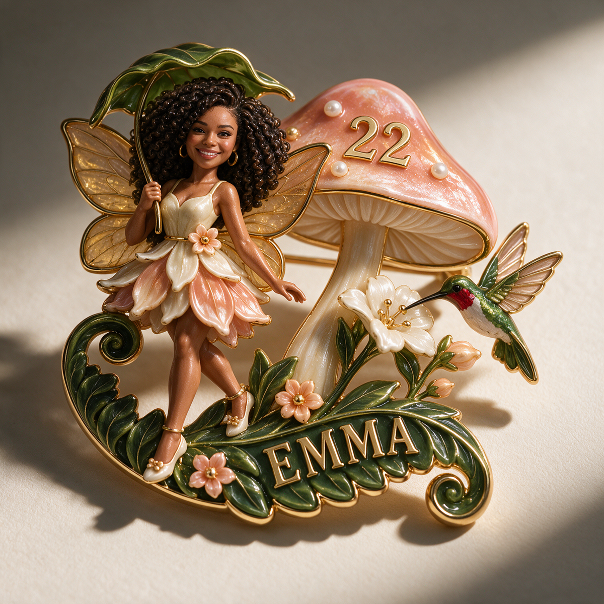 Personalisierte Feengarten-Anstecknadel - Geburtstagsgeschenk mit Foto, Name und Alter, Pilz und Kolibri