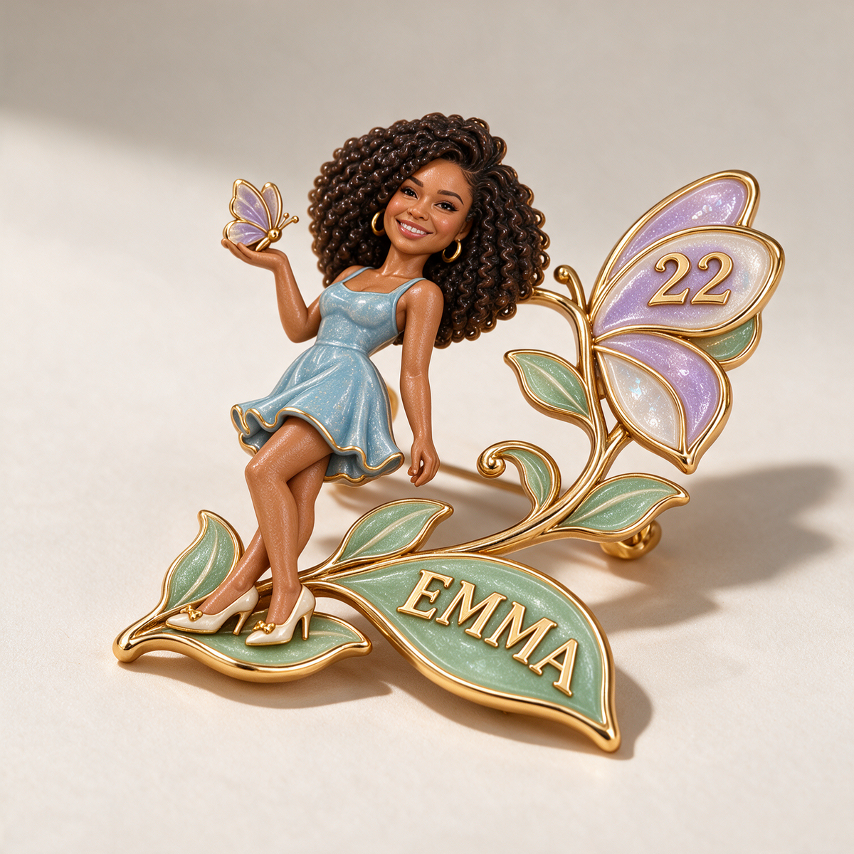 Personalized Birthday Butterfly Brooch - Sculpted Portrait, Name and Age