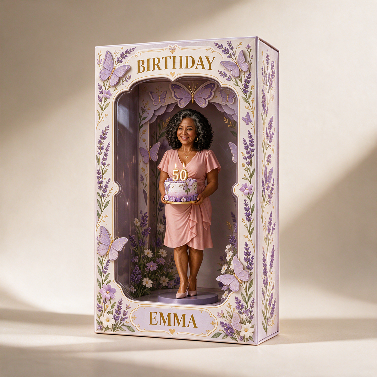 Personalized Custom Photo Lavender Butterfly Figurine in Acrylic Display Box - 50th Birthday Gift for Women