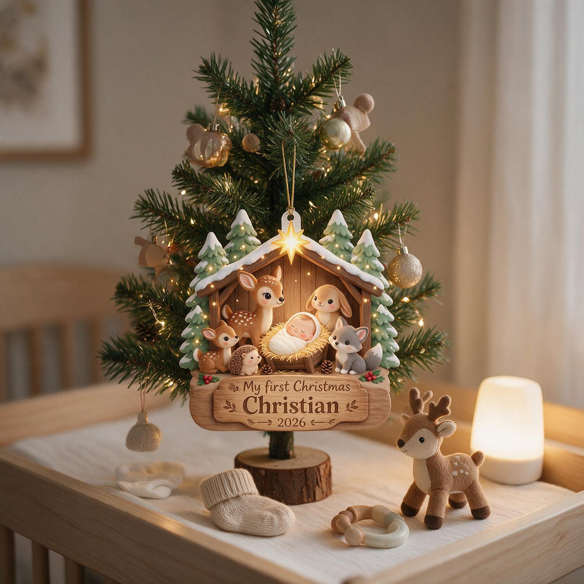 Personalized Christmas My First Christmas Woodland Animals Nativity Acrylic Ornament Baby Keepsake Gift