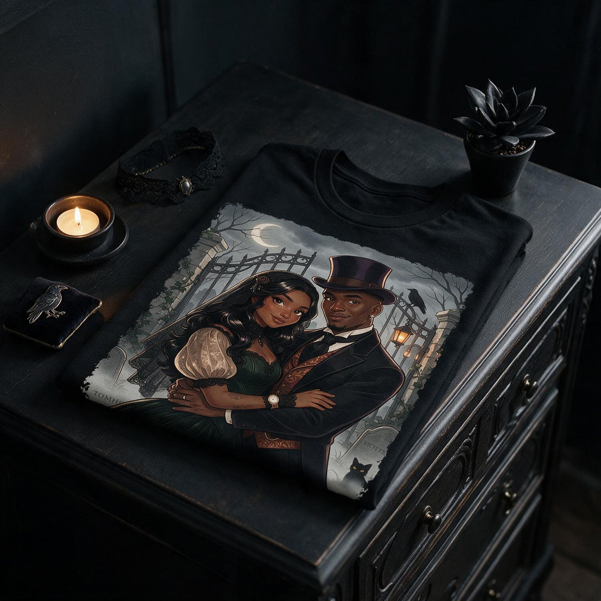Personalized Halloween Gothic Couple Portrait Shirt, Anniversary Gift