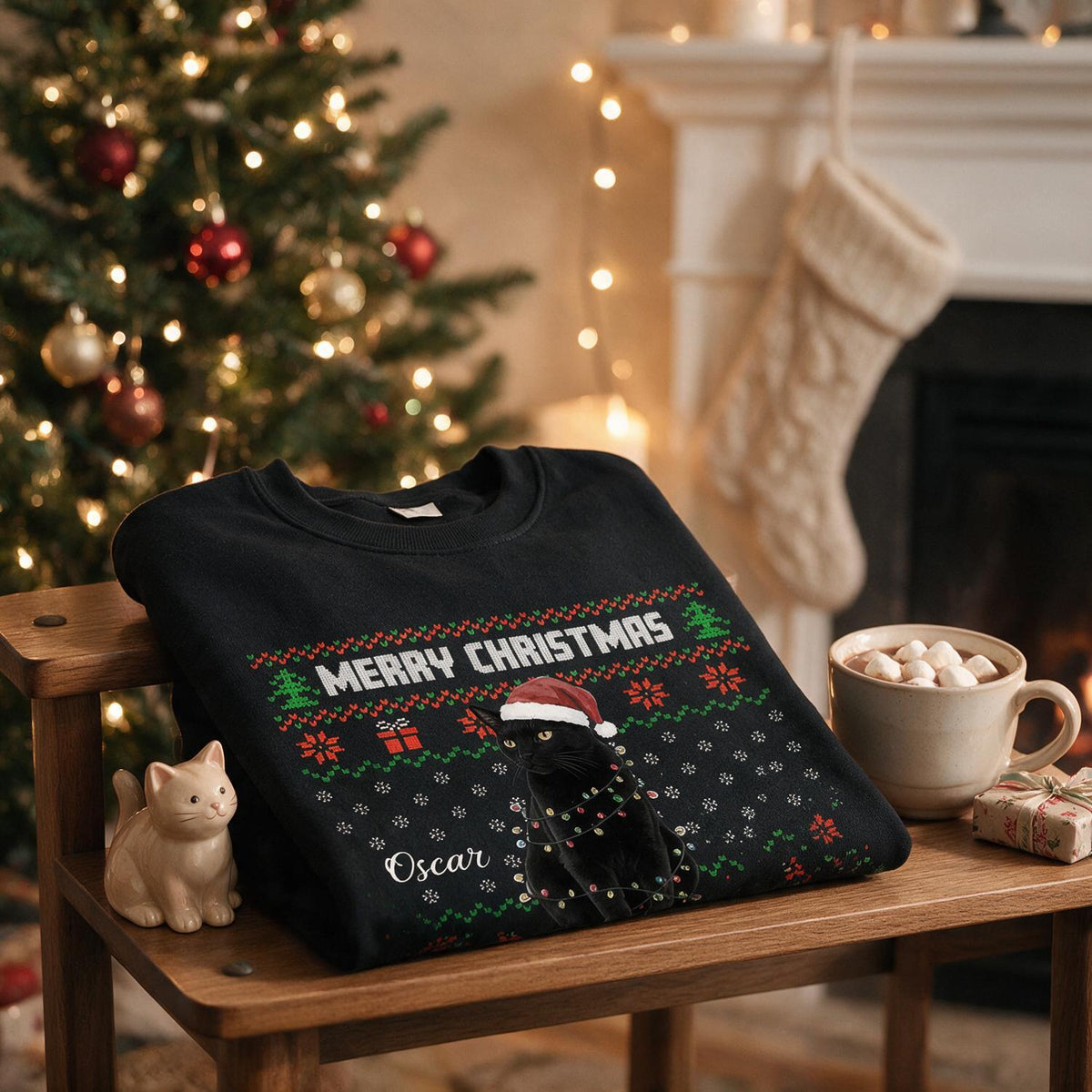 Personalisierter Weihnachts-Sweatshirt mit schwarzer Katze, Geschenk für Katzenliebhaber