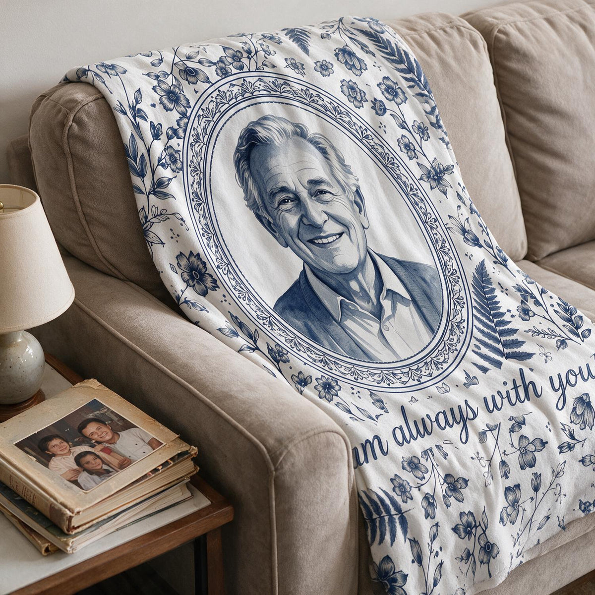 Personalisierte Foto-Gedenkdecke Blau Aquarell - Trost Geschenk