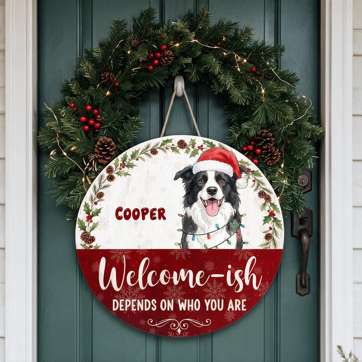 Personalized Christmas Border Collie Welcome-ish Round Wood Sign, Funny Dog Front Door Decor