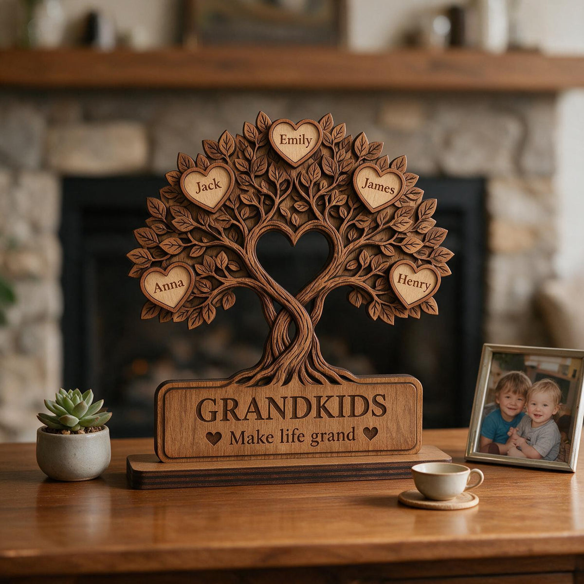 Personalized Family Tree Heart Wooden Plaque - Grandkids Make Life Grand Keepsake Gift for Grandparents