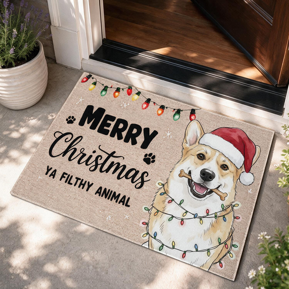 Custom Photo Christmas Smiling Corgi With Santa Hat Doormat, Merry Christmas Ya Filthy Animal