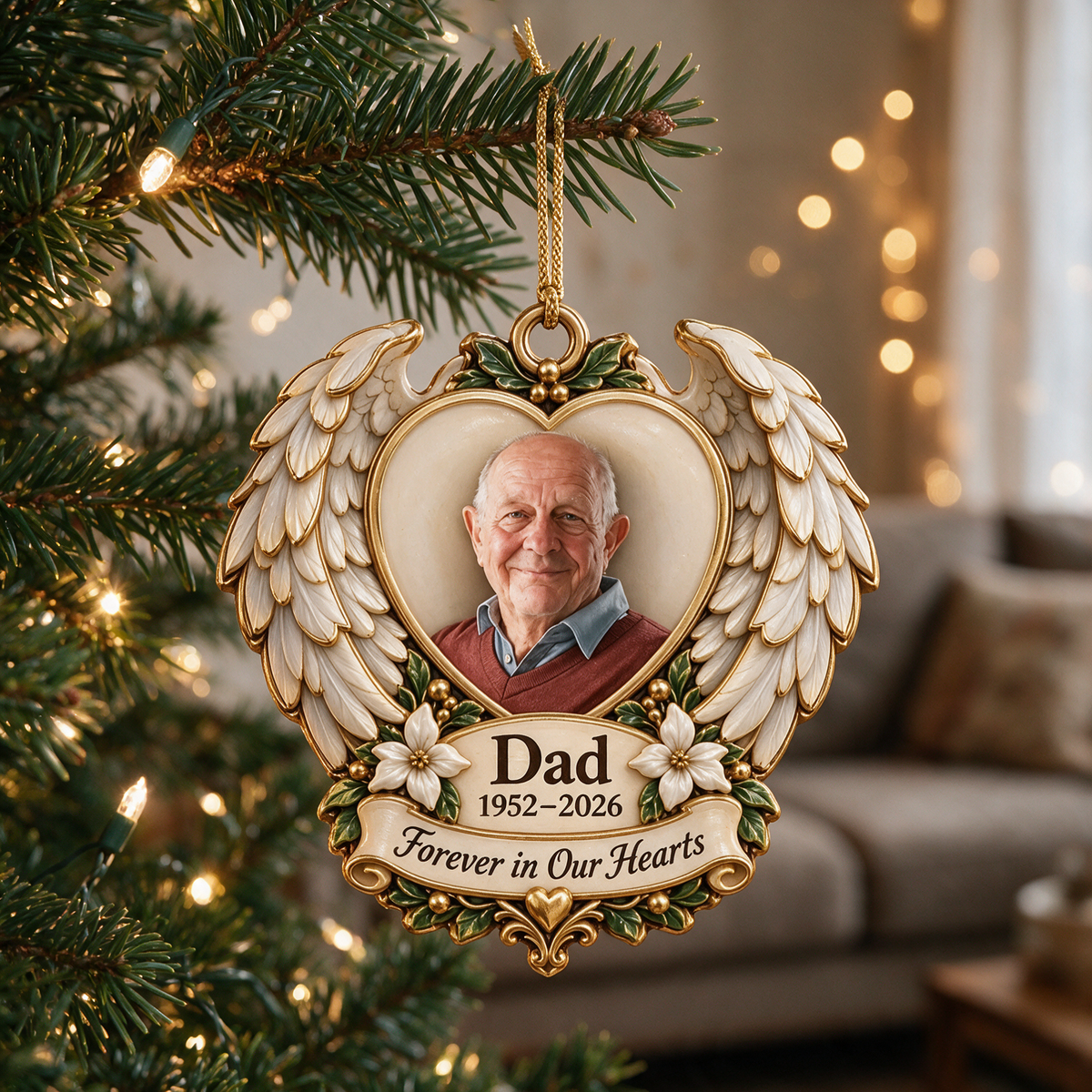 Personalized Custom Photo Dad Memorial Angel Wings Heart 3D Ornament - Christmas Remembrance Keepsake