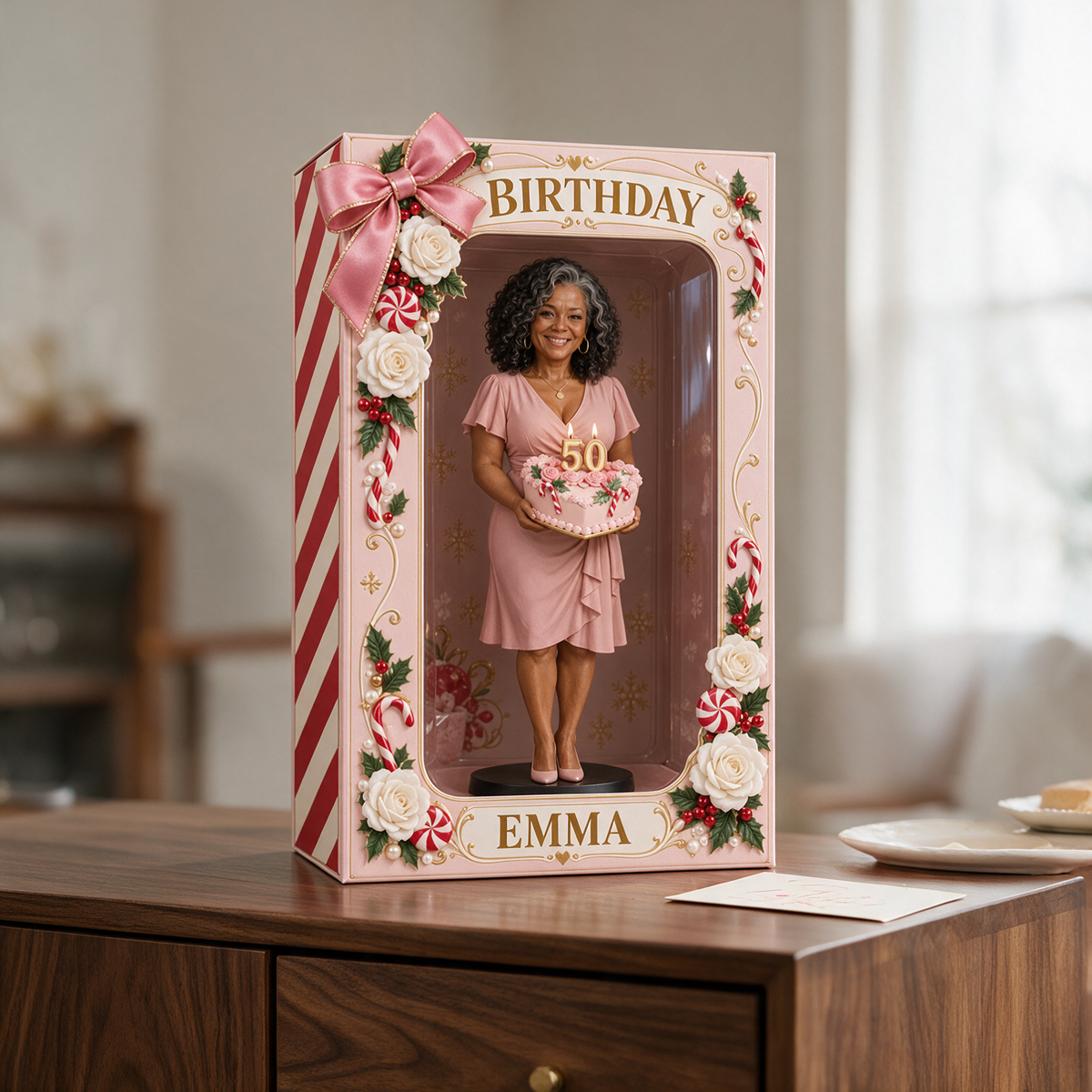 Personalized Custom Photo Christmas Candy Figurine in Acrylic Display Box - 50th Birthday Gift for Women