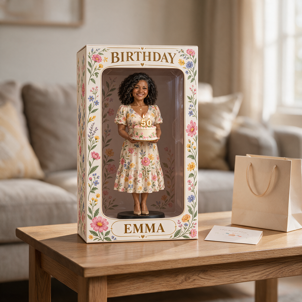Personalisierte Foto-Wildblumen-Figurinen-Display-Box - 50. Geburtstagsgeschenk für Frauen