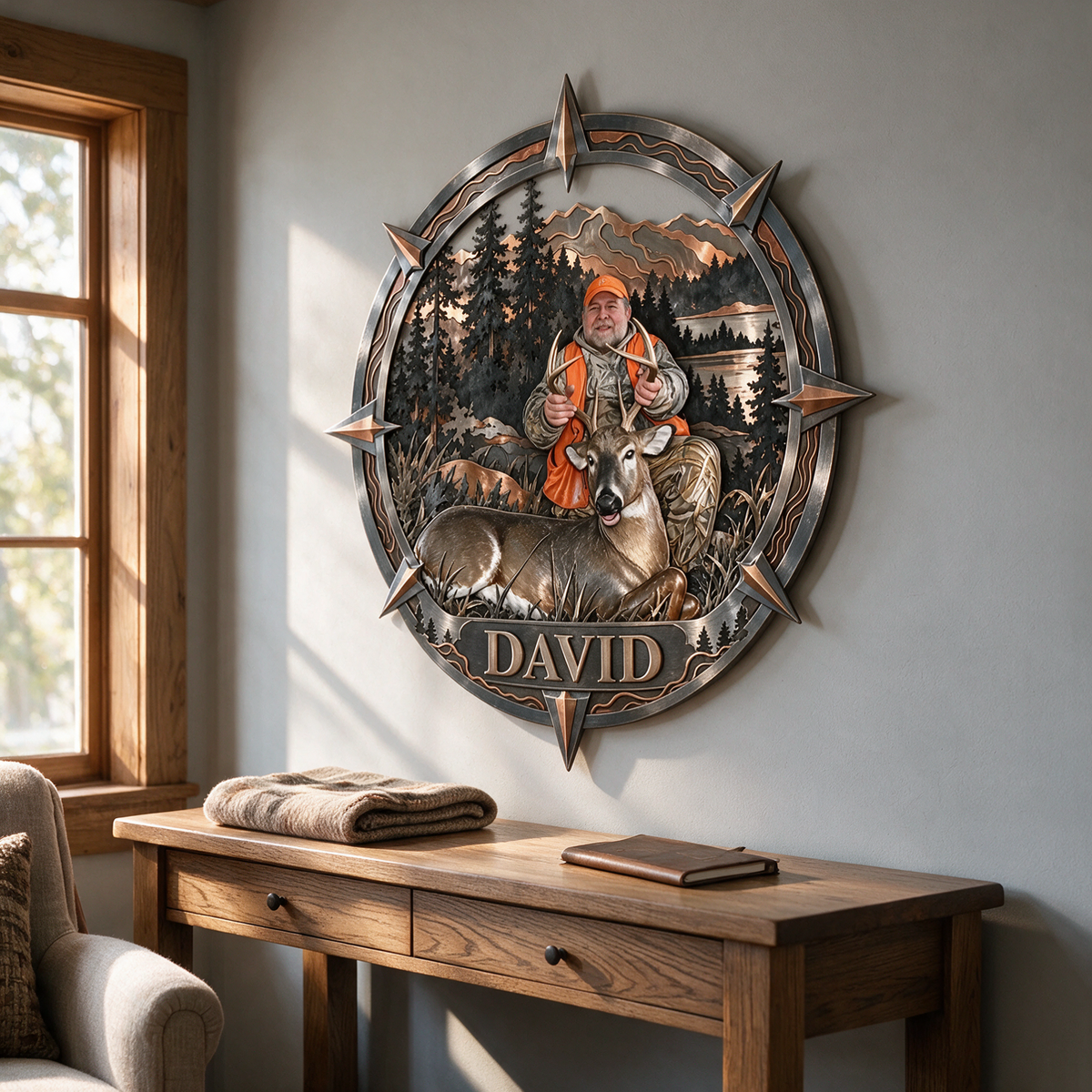 Personalized Custom Photo Deer Hunting 3D Metal Wall Art - Compass Frame Gift for Older Men