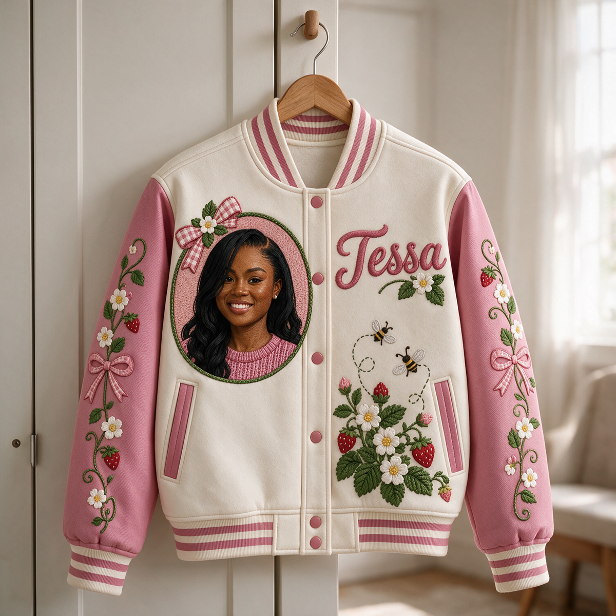 Personalized Strawberry Bow Varsity Jacket - Women's Birthday Gift with Portrait and Name