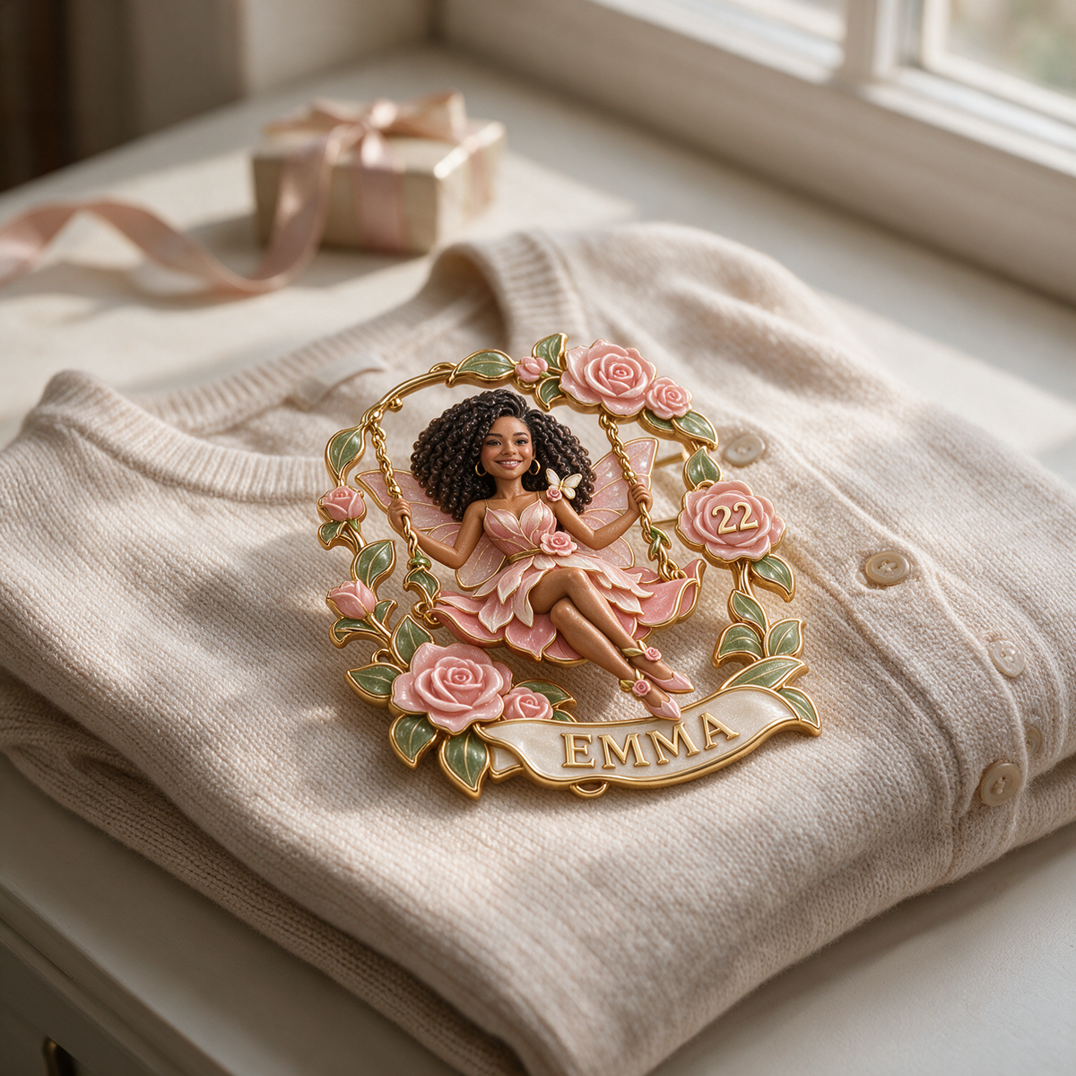 Personalized Birthday Fairy Brooch - Rose Swing, Portrait, Name and Age