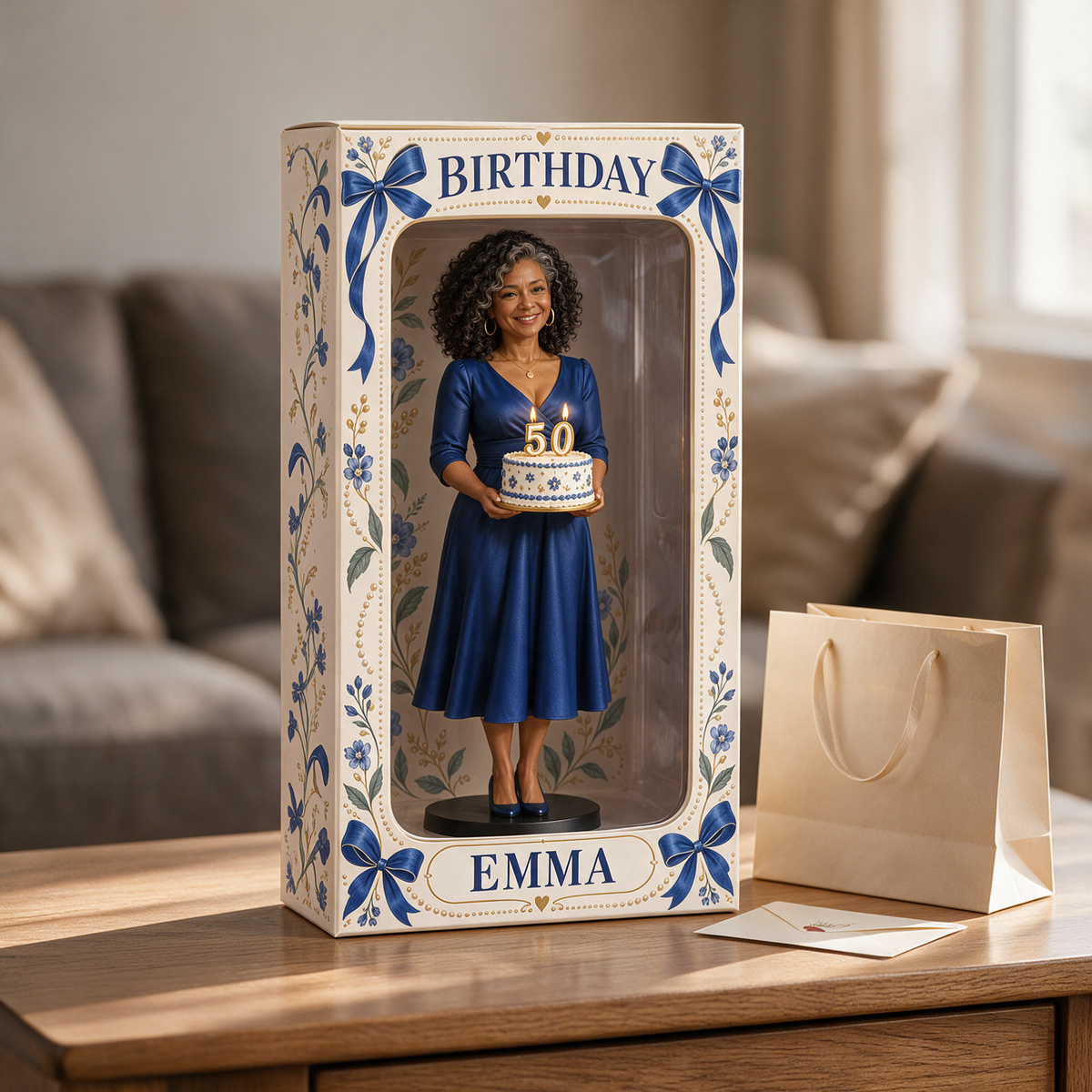 Personalisierte Fotofigurinen-Displaybox mit blauer Schleife - 50. Geburtstagsgeschenk für Frauen