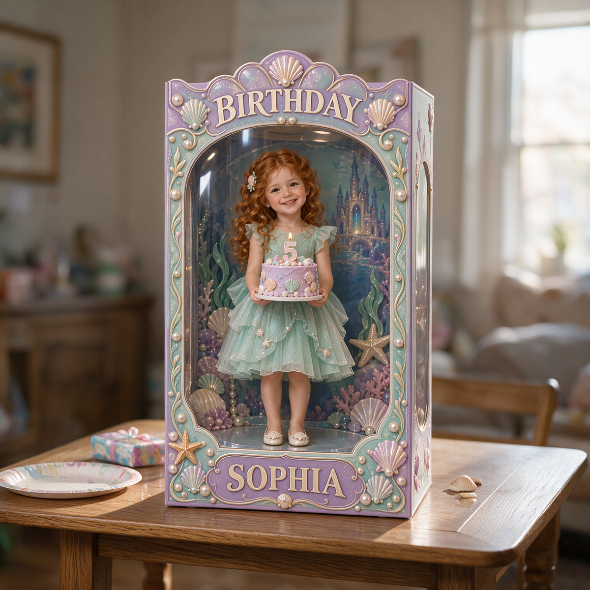 Personalisierte benutzerdefinierte Foto-Acryl-Displaybox unter dem Meer - 5. Geburtstagsgeschenk für Mädchen