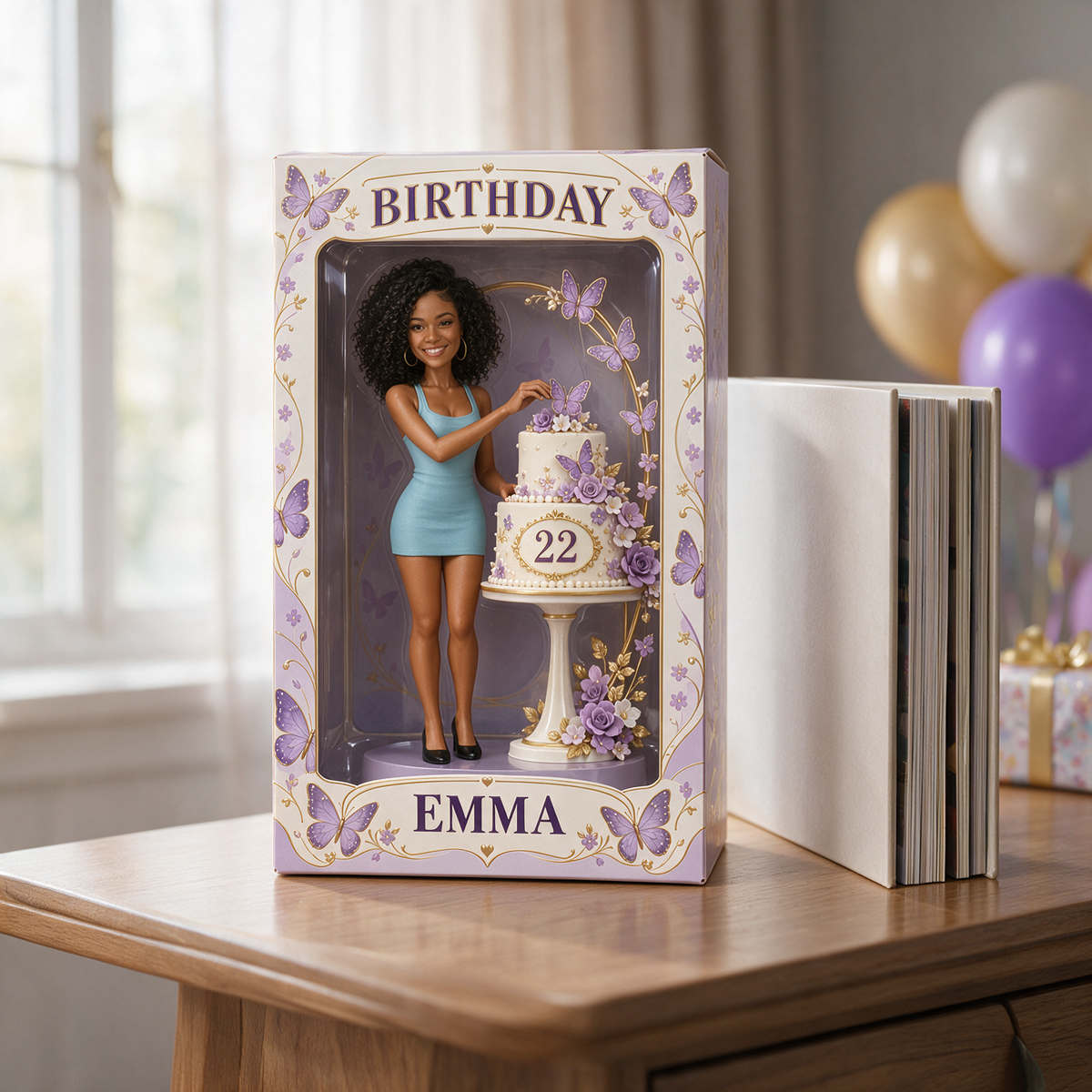 Personalized Birthday Display Box - Portrait Figurine with Butterfly Cake, Name and Age
