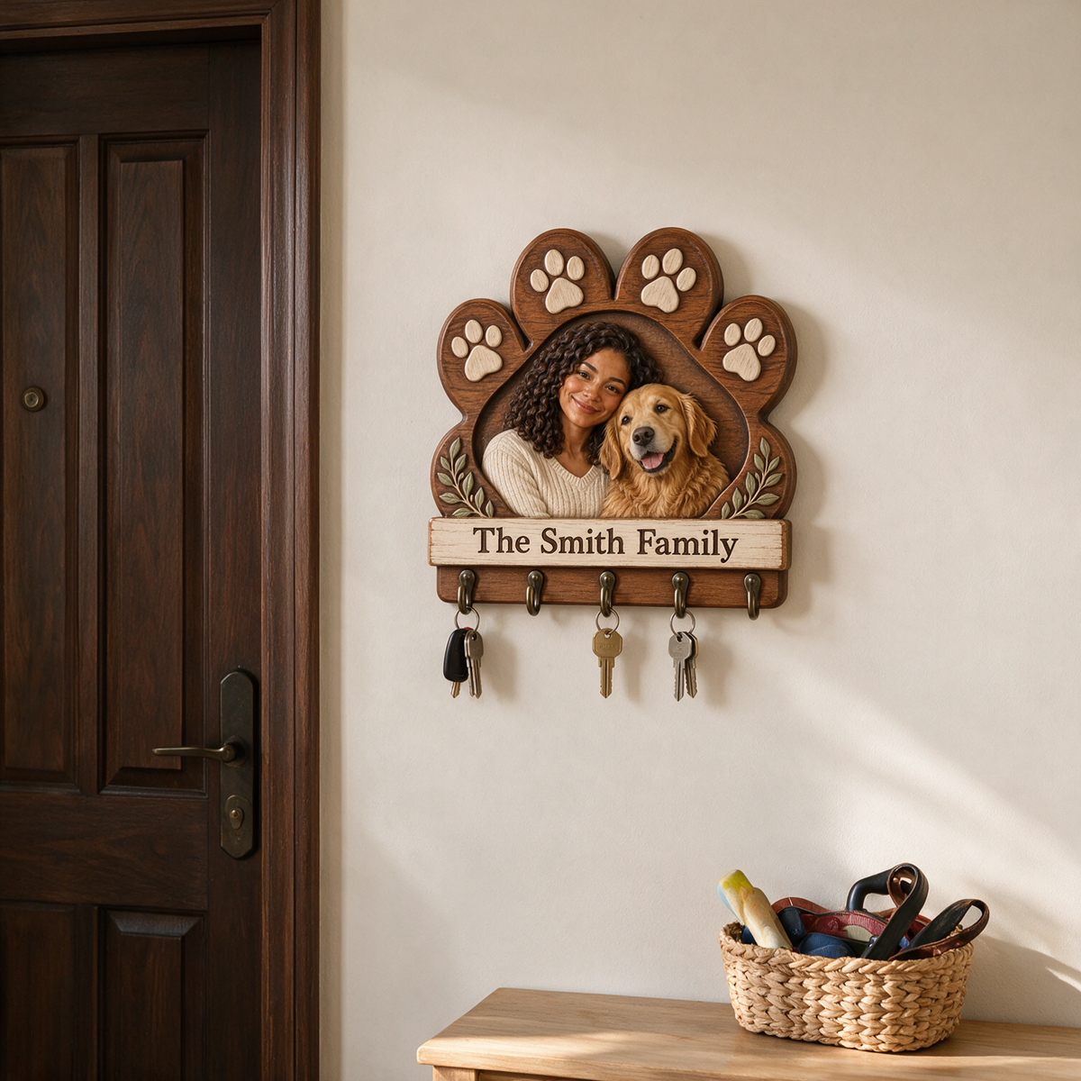 Personalized Dog Key Rack - Paw Shape with 5 Hooks