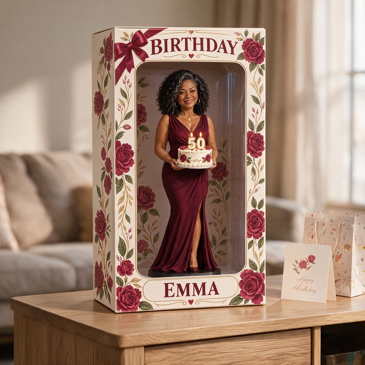 Personalisierte Foto-Rote Rose Figurinen-Displaybox - 50. Geburtstagsgeschenk für Frauen