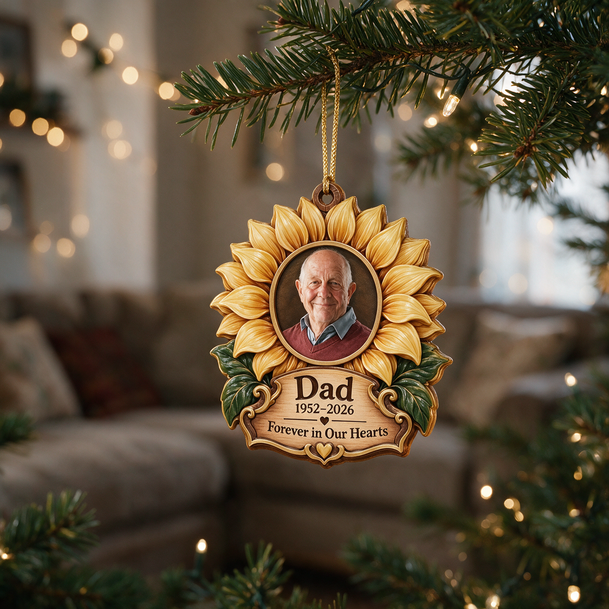 Personalized Custom Photo Dad Memorial Sunflower Layered Wood Ornament - Christmas Remembrance Keepsake