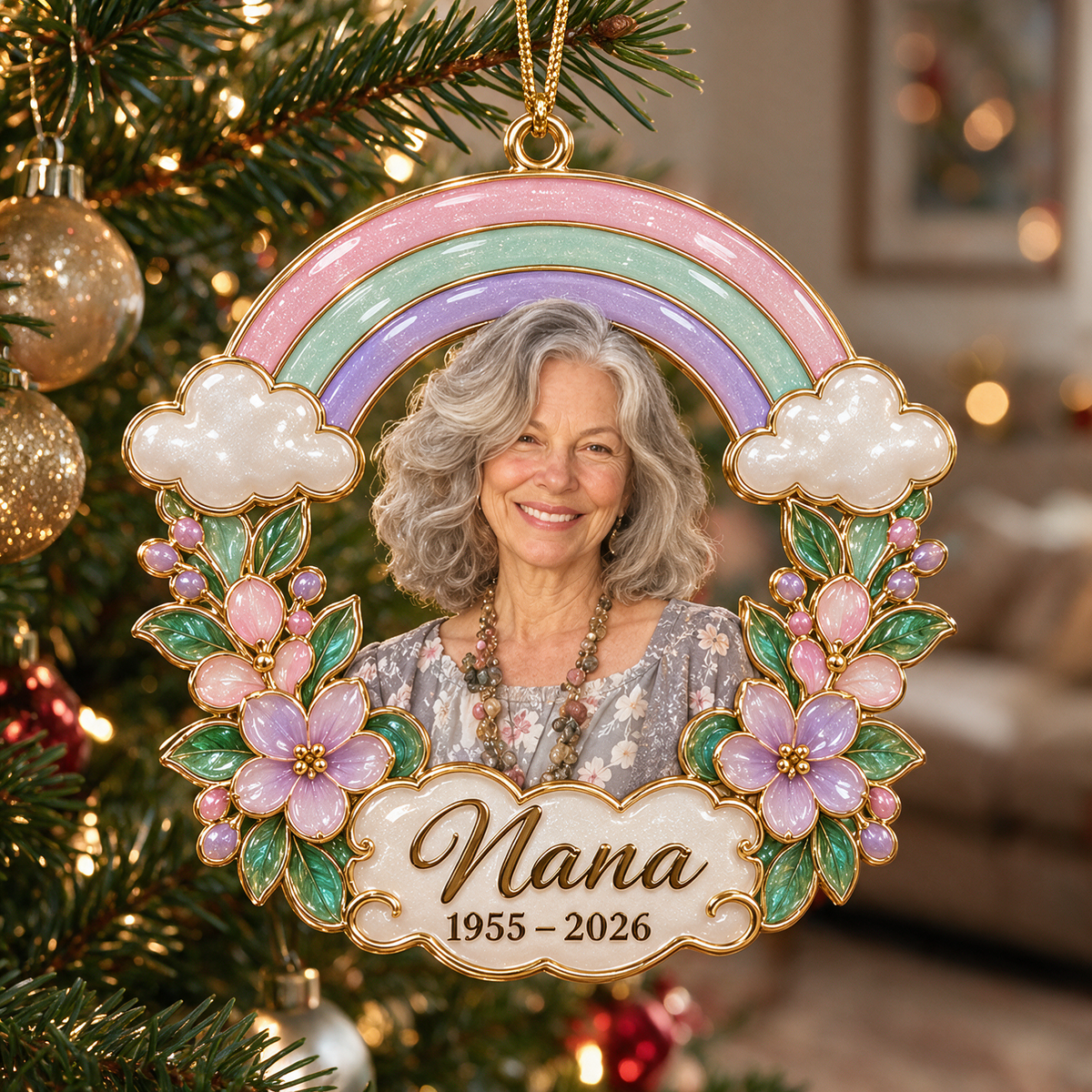 Personalized Custom Photo Rainbow Floral Memorial Christmas Ornament - In Memory of Grandma