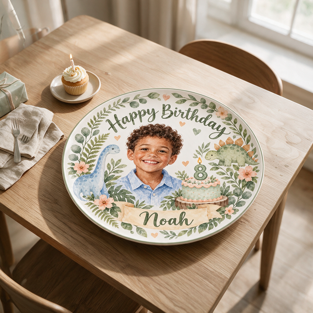 Personalized Dinosaur Birthday Ceramic Plate - Watercolor Portrait, Custom Name and Age