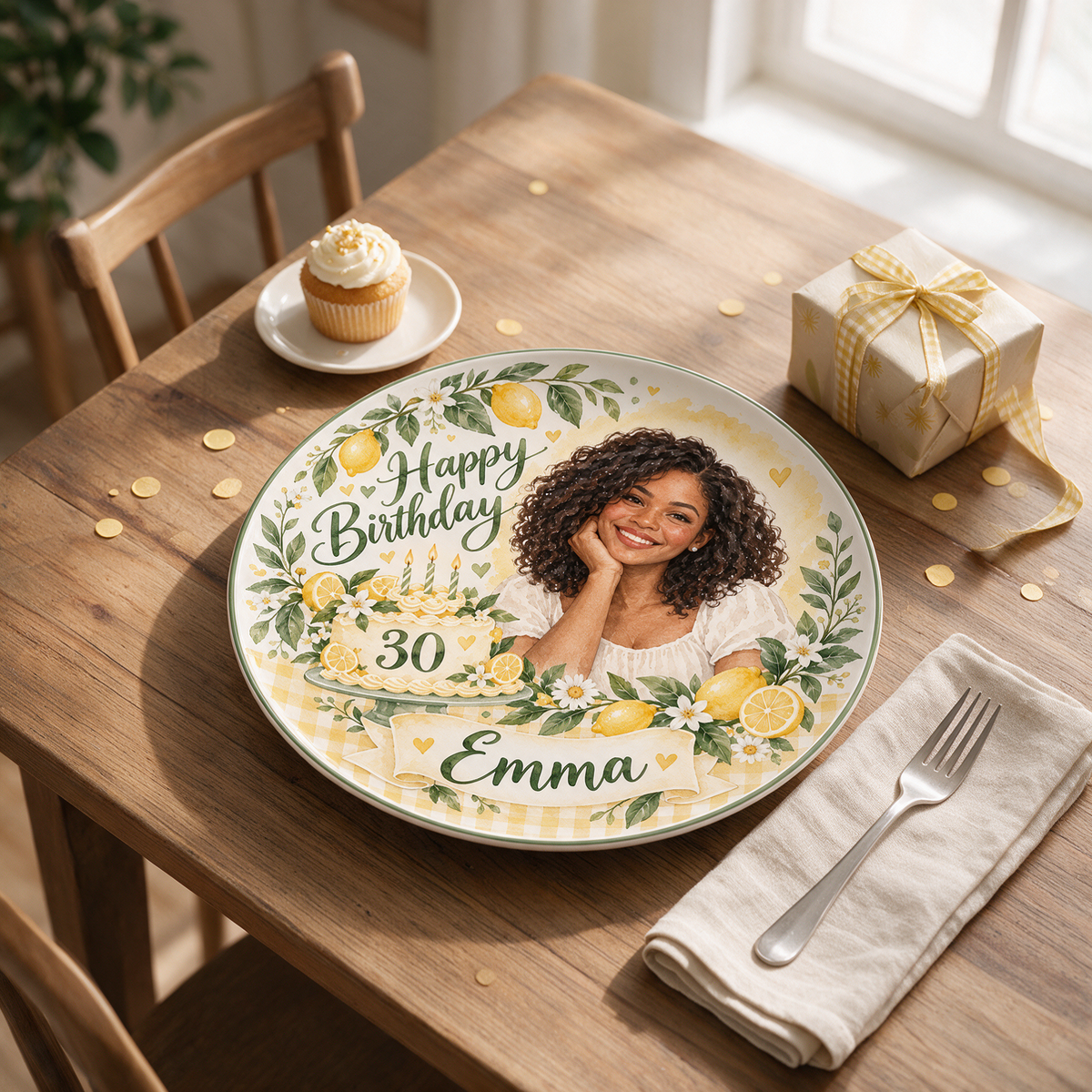 Personalized Lemon Birthday Ceramic Plate - Watercolor Portrait, Custom Name and Age