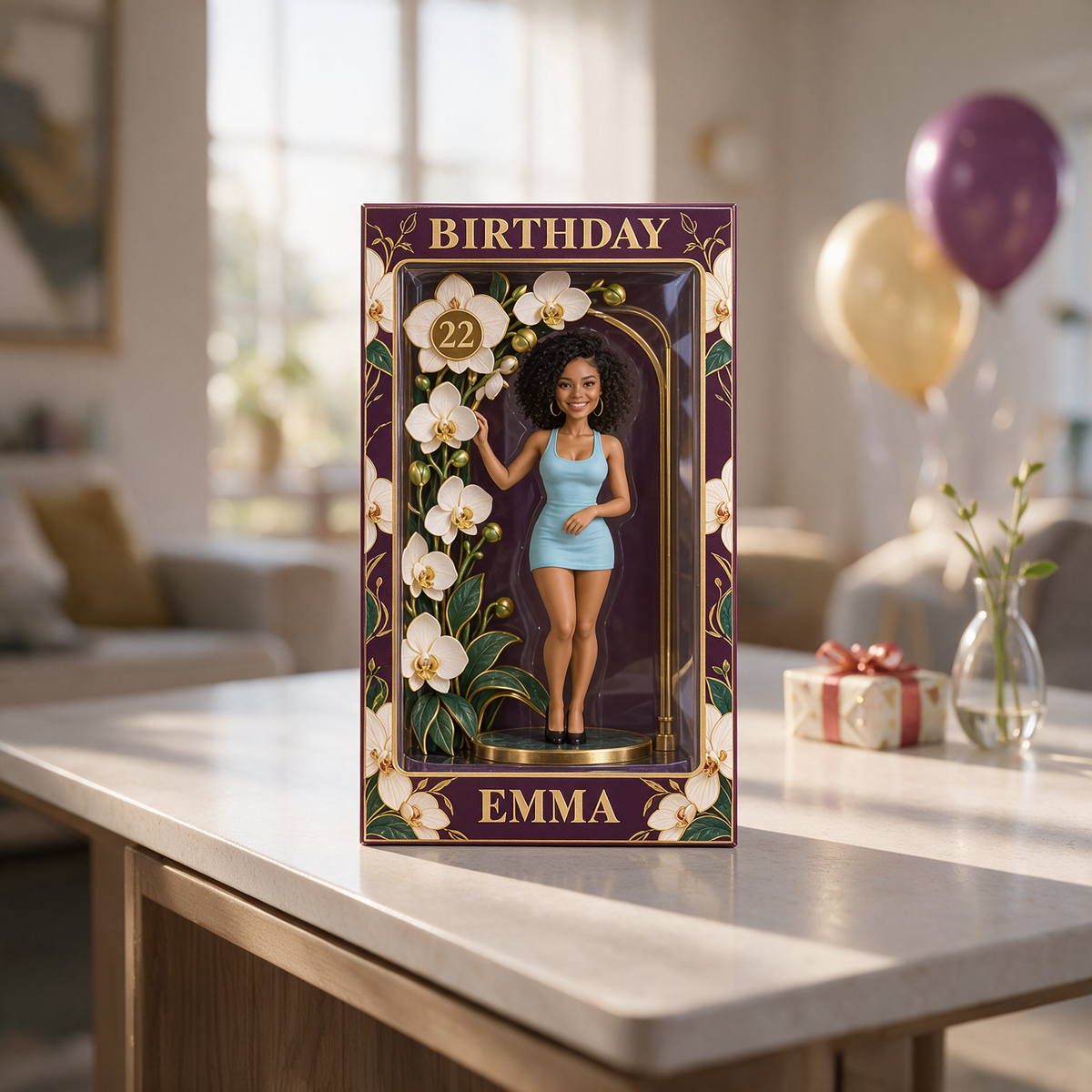 Personalized Orchid Birthday Display Box - Photo Portrait Figurine with Name and Age
