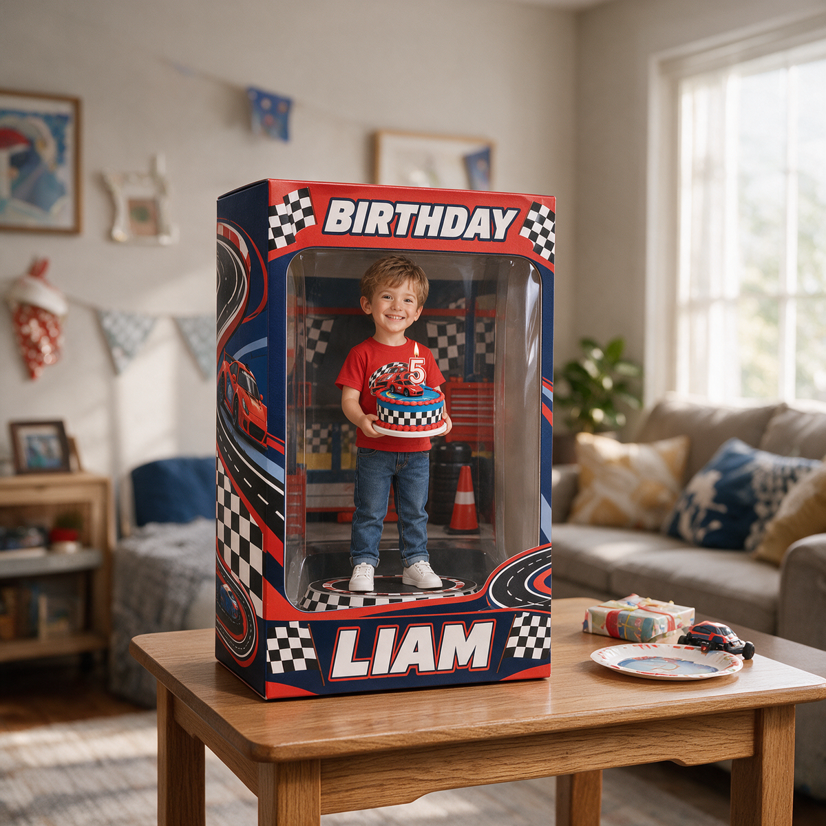 Personalisierte Foto-Rennwagen Acryl-Displaybox - 5. Geburtstag Geschenk für Jungen