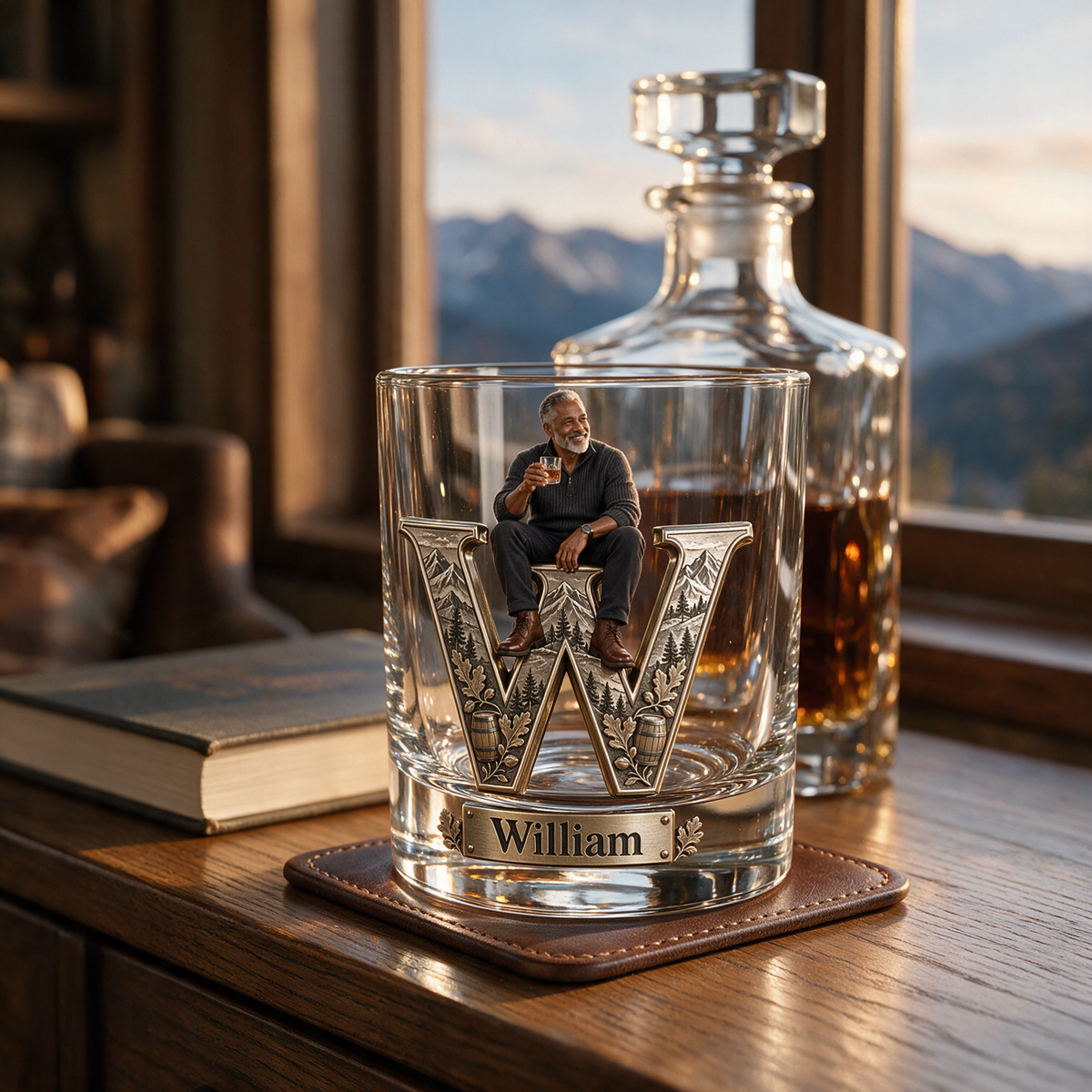 Personalized Custom Photo Mountain Monogram Whiskey Glass - Gift for Older Men Who Love Whiskey
