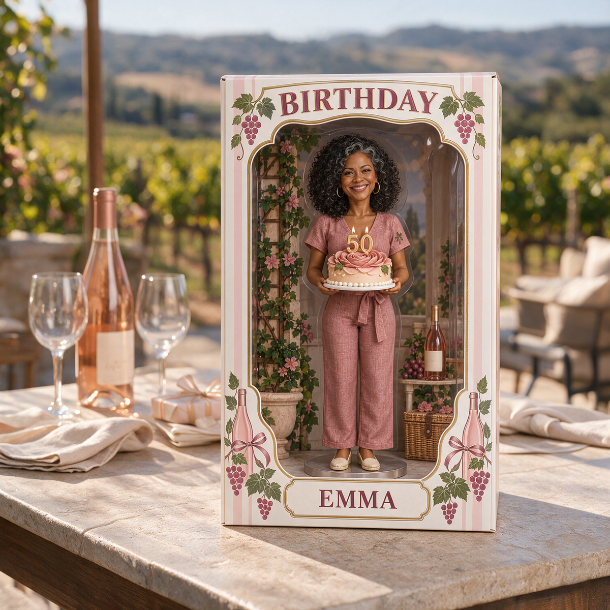 Personalized Wine Lover Figurine Display Box - Rosé Birthday Photo Portrait with Custom Name and Age