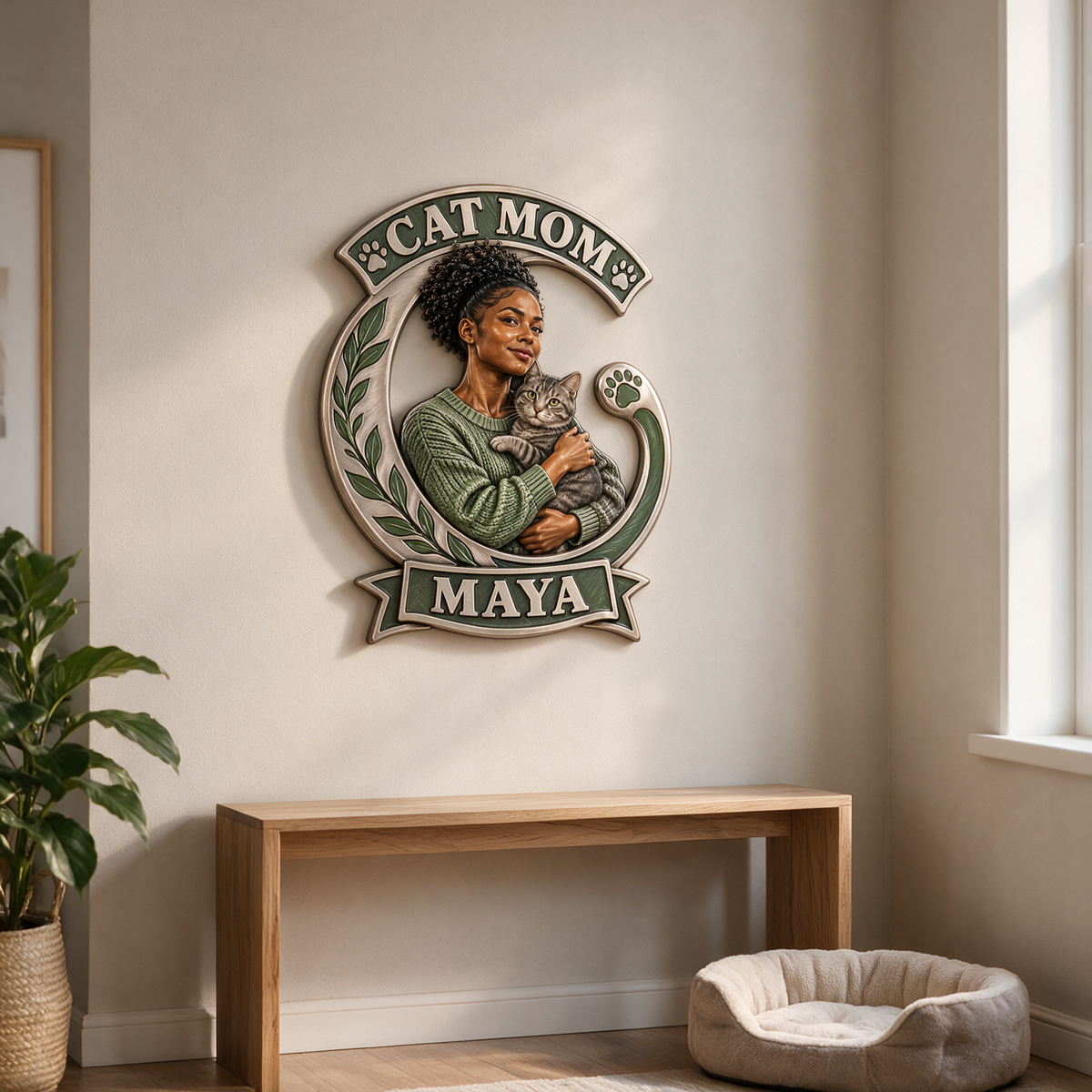 Personalisierte 3D-gedruckte Metalltafel für Katzenmamas - Geschenk für junge Frauen