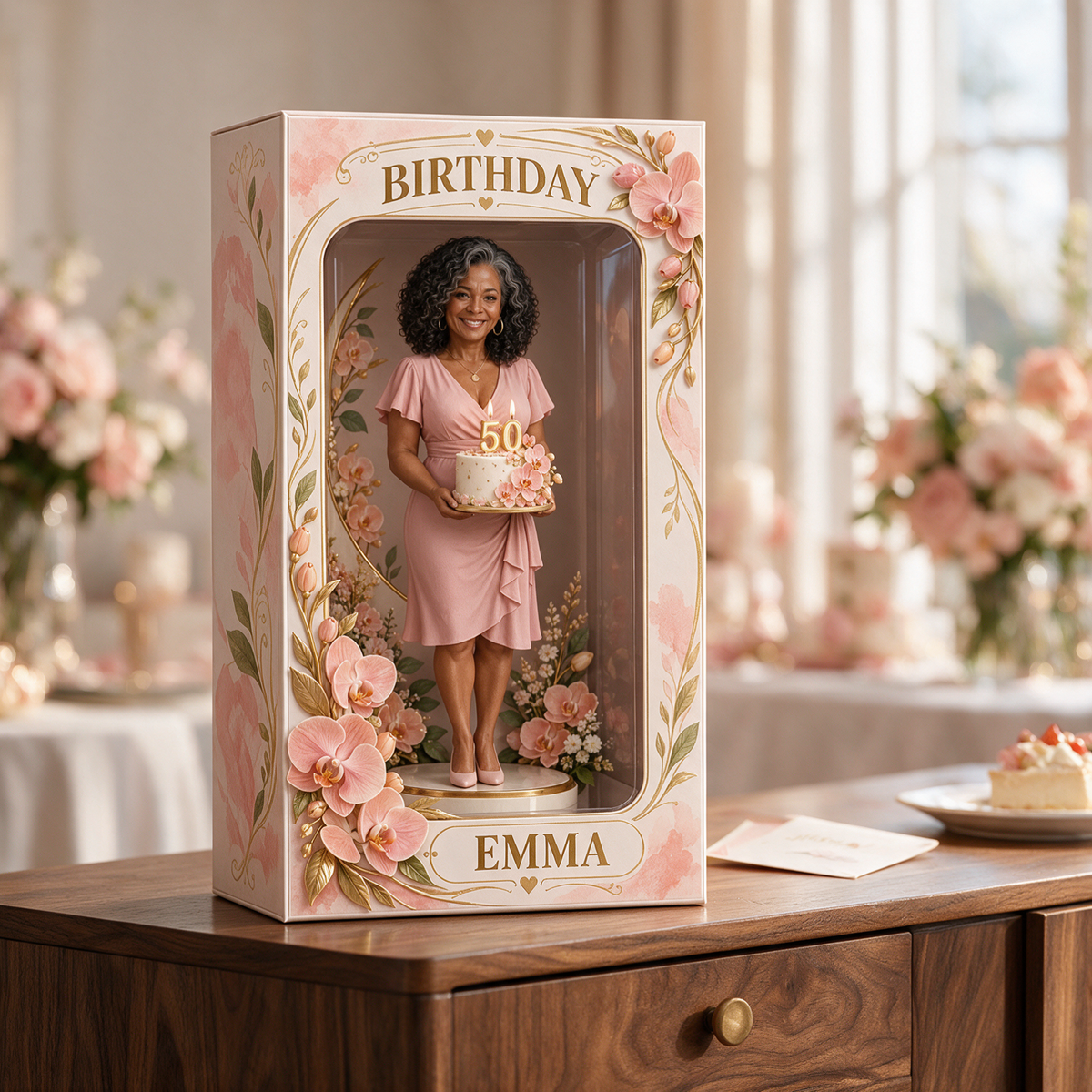 Personalized Custom Photo Peach Orchid Figurine in Acrylic Display Box - 50th Birthday Gift for Women