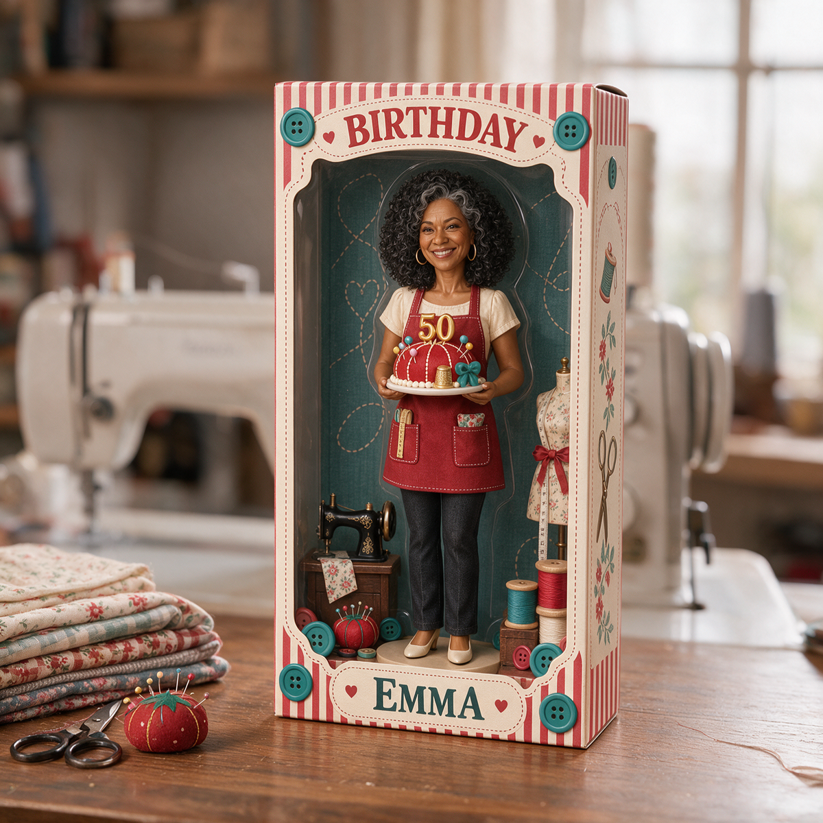 Personalized Sewing Acrylic Display Box - Birthday Portrait Figurine Gift