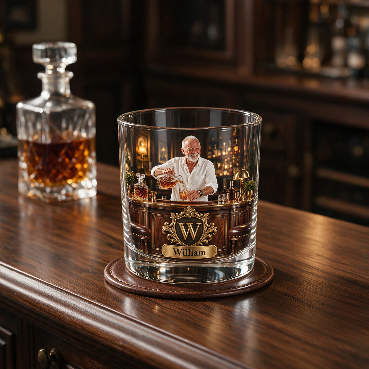 Personalized Whiskey Rocks Glass with Portrait, Name and Initial