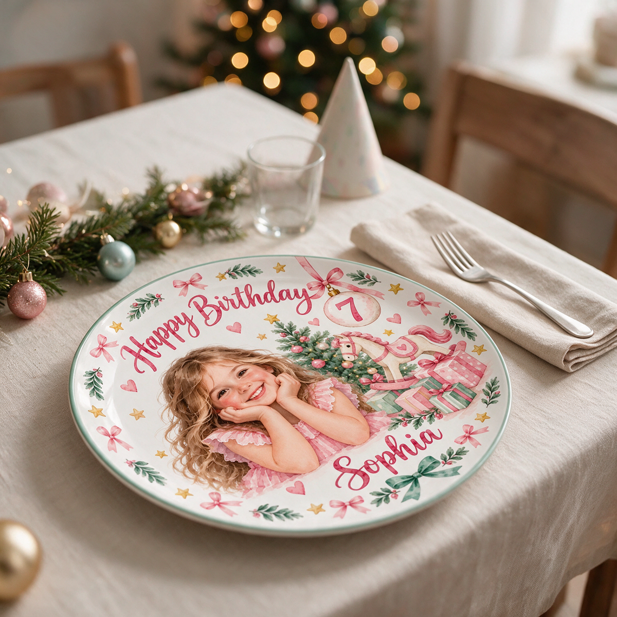 Personalized Birthday Ceramic Round Plate - Pink Christmas Portrait, Rocking Horse, Custom Name and Age