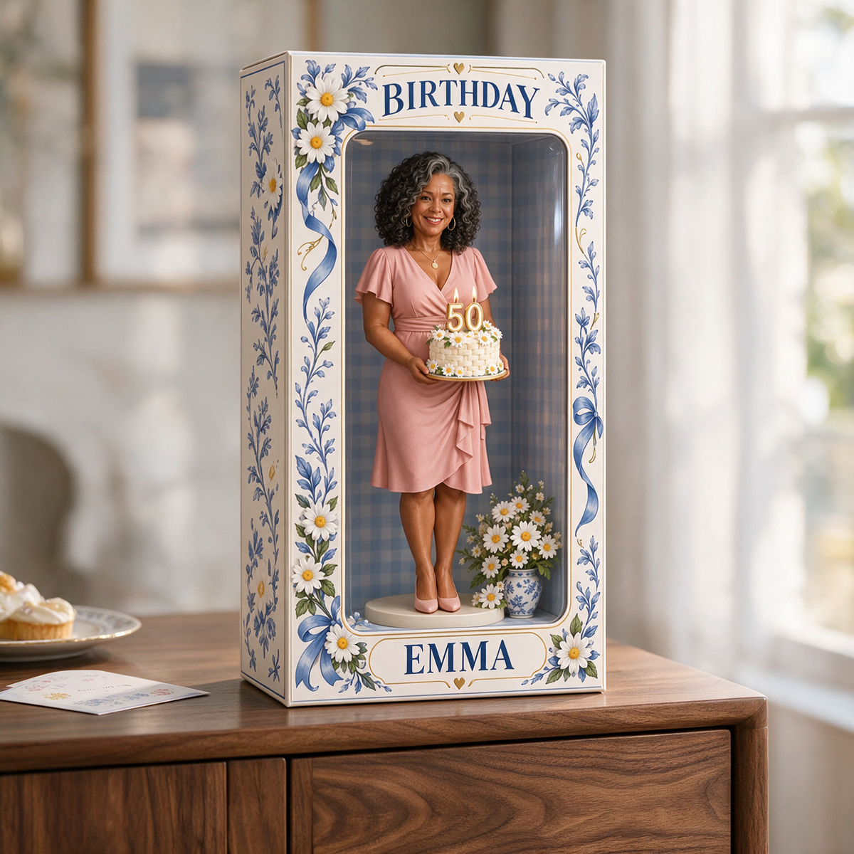 Personalized Custom Photo Blue Daisy Figurine in Acrylic Display Box - 50th Birthday Gift for Women