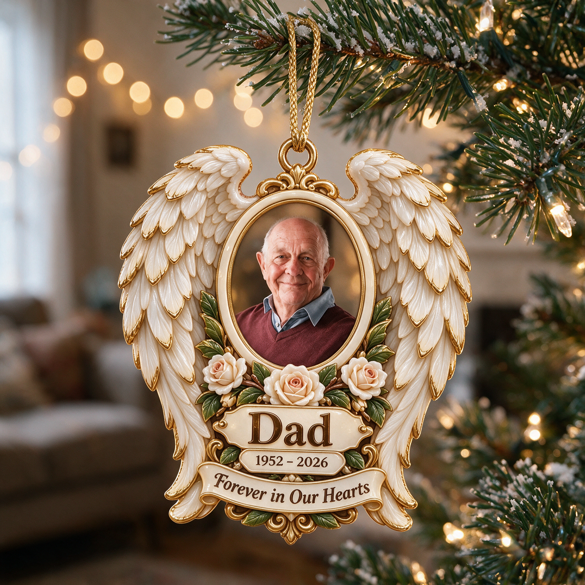 Personalized Custom Photo Dad Memorial Angel Wings Rose 3D Ornament - Christmas Remembrance Keepsake