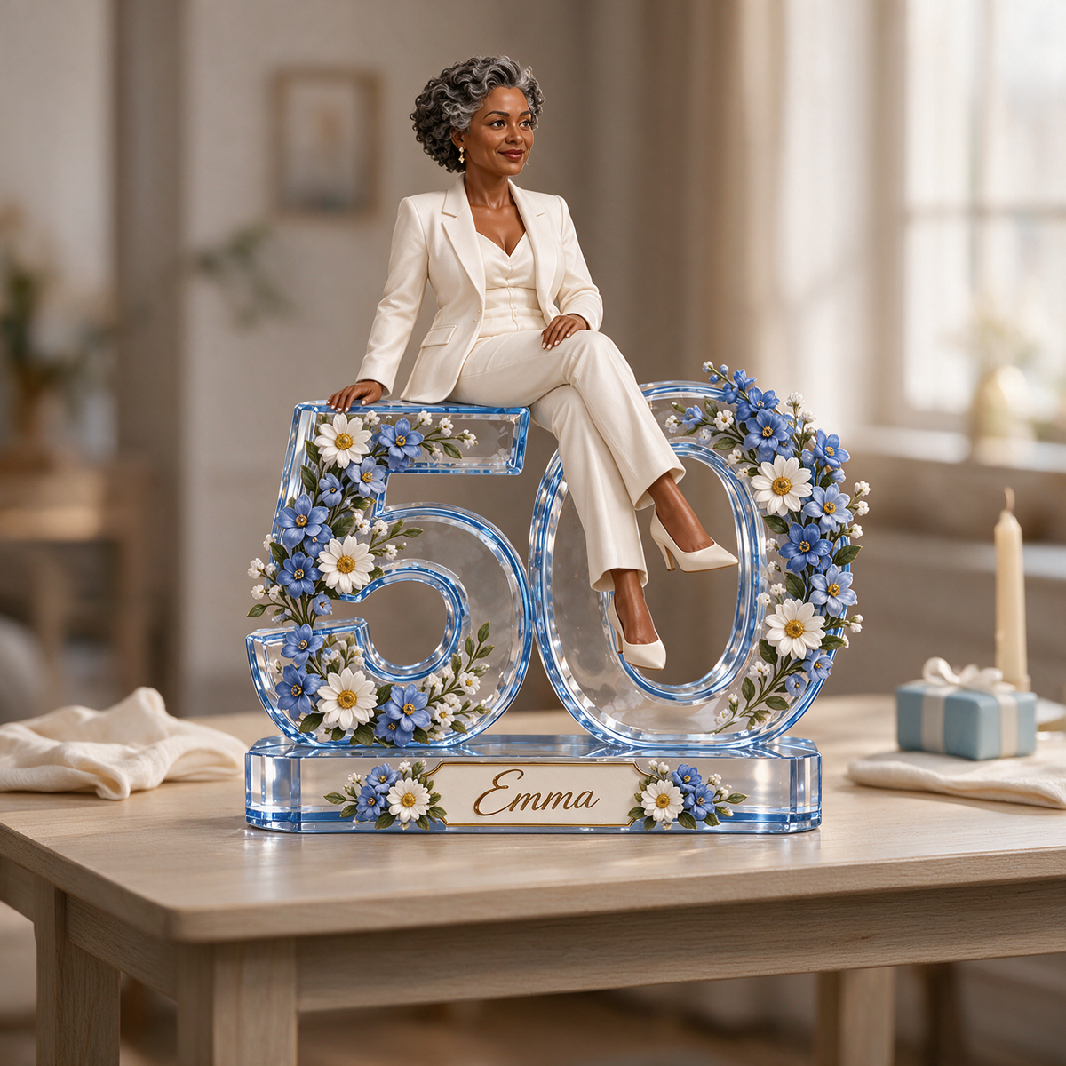 Personalized Custom Photo Blue Daisy Custom Shaped Acrylic Plaque - 50th Birthday Gift for Women