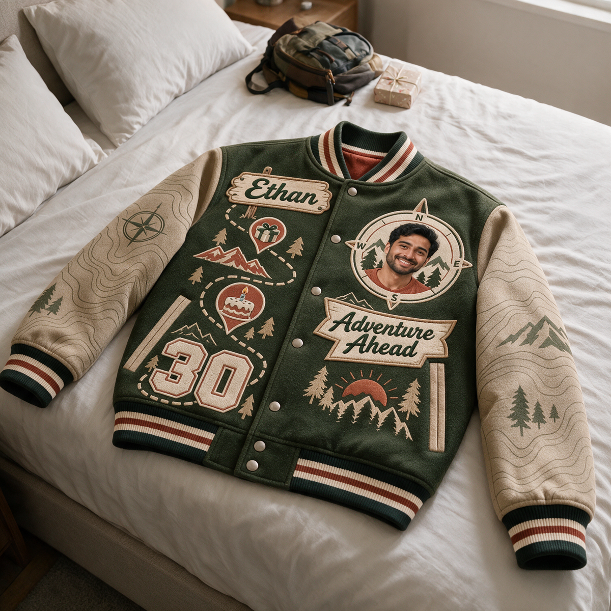 Personalized Birthday Varsity Jacket - Men's Compass Photo & Trail Design