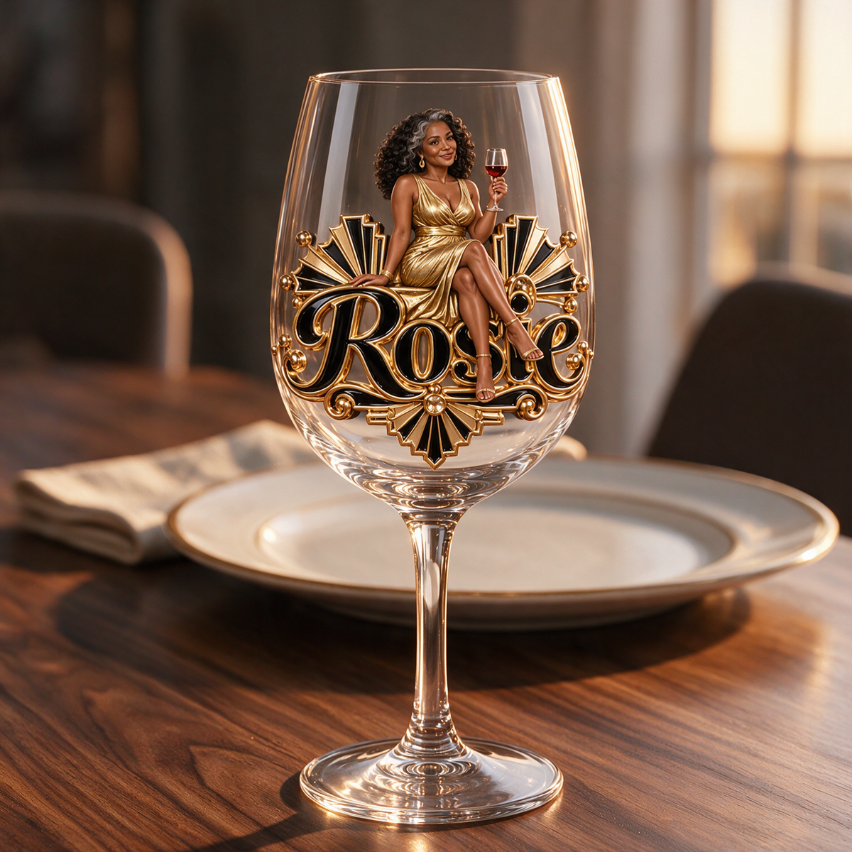 Personalized Custom Photo Art Deco Wine Glass - Gift for Older Women