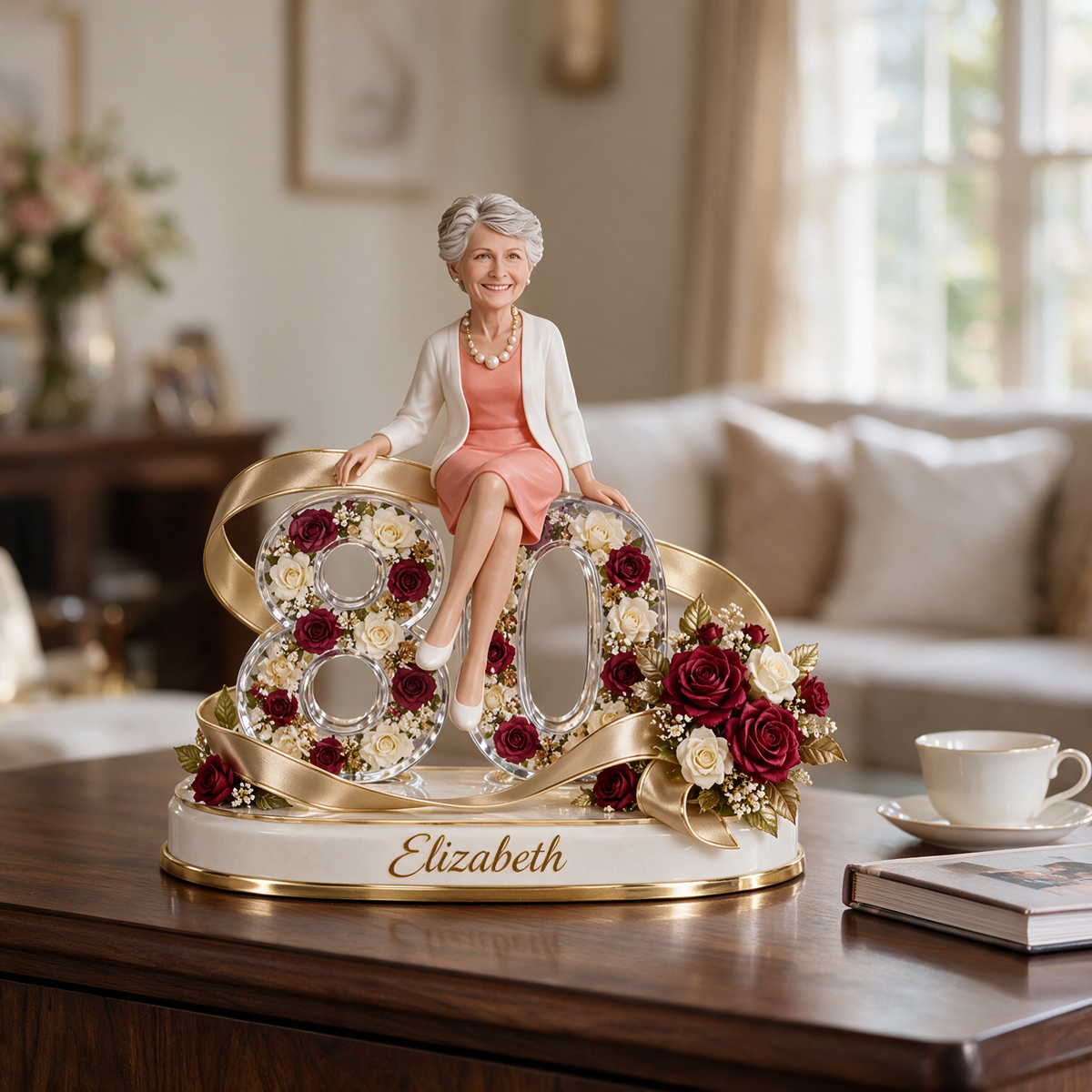 Personalisierte Geburtstagsfigur - Individuelles Porträt, Rose und Schleifen-Geschenk